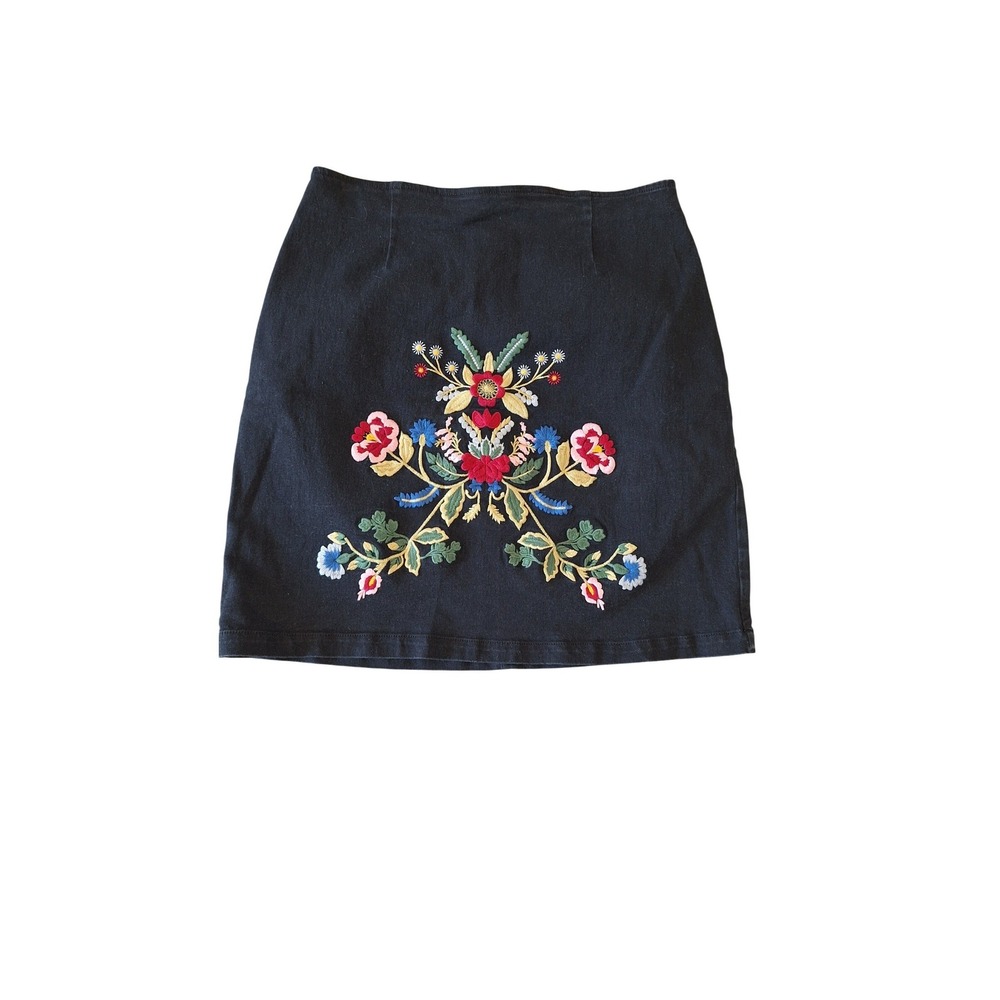 V Cristina Womens Black Denim Floral Embroidered Mini Skirt Size M Boho Folk